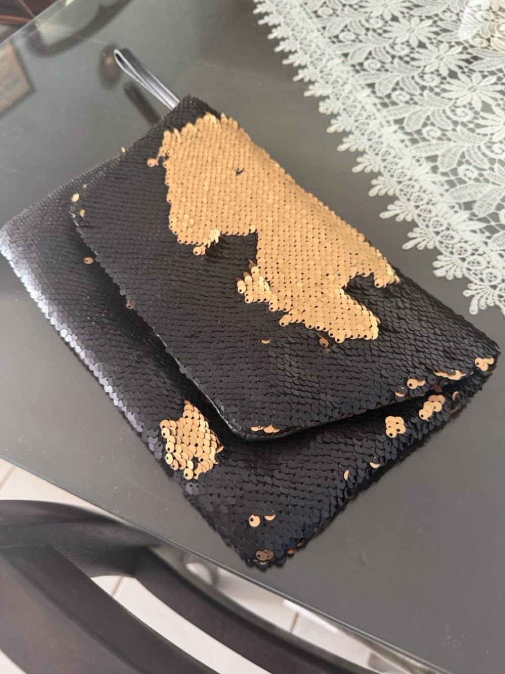 A New Day Reversible Black & Gold Sequin Clutch Wristlet